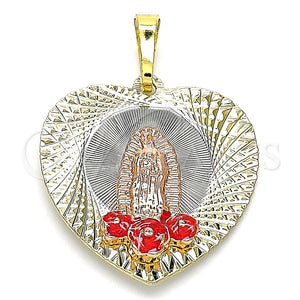Dije Religioso 05.380.0107 Oro Laminado, Diseño de Guadalupe y Flor, Esmaltado Rojo, Tres Tonos