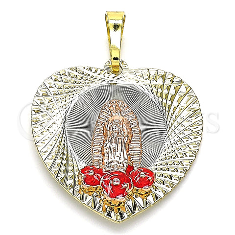 Dije Religioso 05.380.0107 Oro Laminado, Diseño de Guadalupe y Flor, Esmaltado Rojo, Tres Tonos