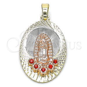 Dije Religioso 05.380.0108 Oro Laminado, Diseño de Guadalupe y Flor, con Granate Cristal, Diamantado, Tres Tonos