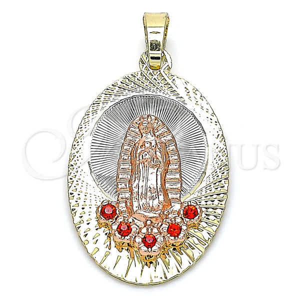 Dije Religioso 05.380.0108 Oro Laminado, Diseño de Guadalupe y Flor, con Granate Cristal, Diamantado, Tres Tonos