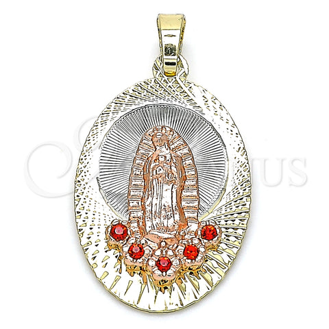 Dije Religioso 05.380.0108 Oro Laminado, Diseño de Guadalupe y Flor, con Granate Cristal, Diamantado, Tres Tonos