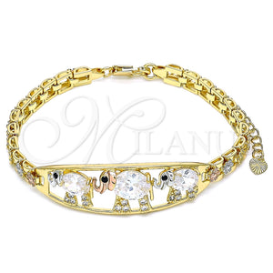 Pulsera Elegante 03.380.0096.07 Oro Laminado, Diseño de Elefante y Flor, con Blanca and Negro Zirconia Cubica, Pulido, Tres Tonos (06 MM Thickness, 7 Inches Length)