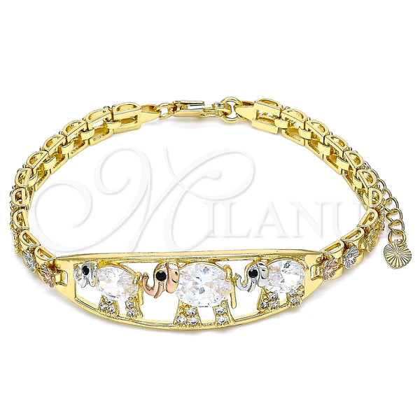 Pulsera Elegante 03.380.0096.07 Oro Laminado, Diseño de Elefante y Flor, con Blanca and Negro Zirconia Cubica, Pulido, Tres Tonos (06 MM Thickness, 7 Inches Length)