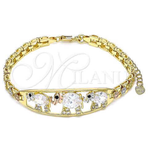 Pulsera Elegante 03.380.0096.07 Oro Laminado, Diseño de Elefante y Flor, con Blanca and Negro Zirconia Cubica, Pulido, Tres Tonos (06 MM Thickness, 7 Inches Length)