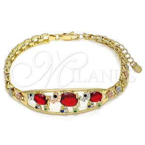 Pulsera Elegante 03.380.0096.1.07 Oro Laminado, Diseño de Elefante y Flor, con Granate and Negro Zirconia Cubica, Pulido, Tres Tonos (06 MM Thickness, 7 Inches Length)