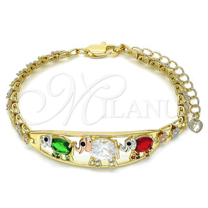 Pulsera Elegante 03.380.0096.2.07 Oro Laminado, Diseño de Elefante y Flor, con Multicolor Zirconia Cubica, Pulido, Tres Tonos (06 MM Thickness, 7 Inches Length)