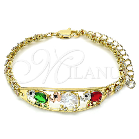 Pulsera Elegante 03.380.0096.2.07 Oro Laminado, Diseño de Elefante y Flor, con Multicolor Zirconia Cubica, Pulido, Tres Tonos (06 MM Thickness, 7 Inches Length)