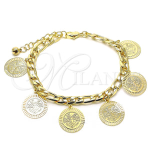 Pulsera de Dije 03.331.0138.08 Oro Laminado, Diseño de Angel y Moneda Centenario, Pulido, Tono Dorado (07 MM Thickness, 8 Inches Length)