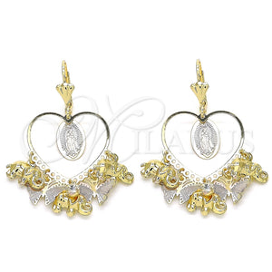 Arete Largo 02.331.0039 Oro Laminado, Diseño de Guadalupe y Mariposa, con Blanca Cristal, Pulido, Tres Tonos