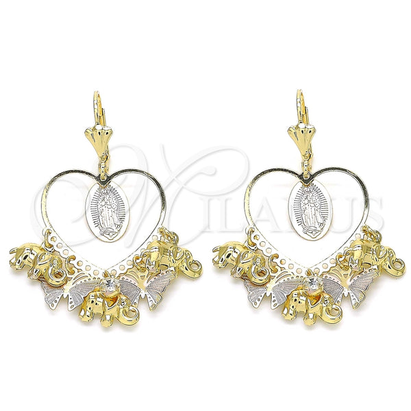 Arete Largo 02.331.0039 Oro Laminado, Diseño de Guadalupe y Mariposa, con Blanca Cristal, Pulido, Tres Tonos