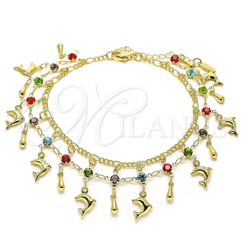 Tobillera de Dije 03.383.0005.10 Oro Laminado, Diseño de Delfín y Gota, con Multicolor Cristal, Pulido, Tono Dorado (02 MM Thickness, 10 Inches Length)