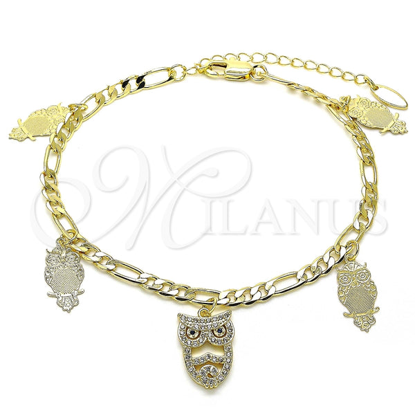Tobillera de Dije 03.383.0009.10 Oro Laminado, Diseño de Búho, con Blanca and Zafiro Azul Micro Pave, Pulido, Tono Dorado (04 MM Thickness, 10 Inches Length)