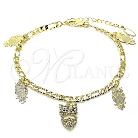 Tobillera de Dije 03.383.0009.10 Oro Laminado, Diseño de Búho, con Blanca and Zafiro Azul Micro Pave, Pulido, Tono Dorado (04 MM Thickness, 10 Inches Length)