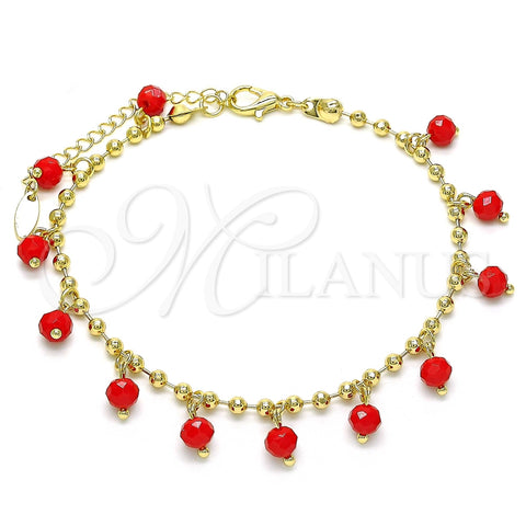 Tobillera de Dije 03.383.0011.1.10 Oro Laminado, con Granate Cristal, Pulido, Tono Dorado (03 MM Thickness, 10 Inches Length)