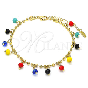 Tobillera de Dije 03.383.0011.3.10 Oro Laminado, con Multicolor Cristal, Pulido, Tono Dorado (03 MM Thickness, 10 Inches Length)