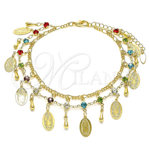 Tobillera de Dije 03.383.0014.10 Oro Laminado, Diseño de Guadalupe y Gota, con Multicolor Cristal, Pulido, Tono Dorado (03 MM Thickness, 10 Inches Length)