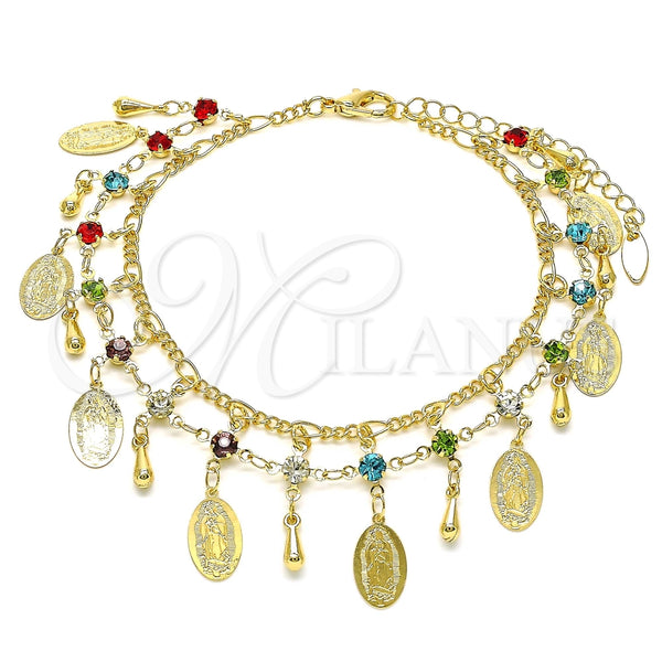 Tobillera de Dije 03.383.0014.10 Oro Laminado, Diseño de Guadalupe y Gota, con Multicolor Cristal, Pulido, Tono Dorado (03 MM Thickness, 10 Inches Length)