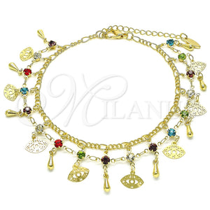 Tobillera de Dije 03.383.0018.10 Oro Laminado, Diseño de Ojo Griego y Gota, con Multicolor Cristal, Pulido, Tono Dorado (03 MM Thickness, 10 Inches Length)