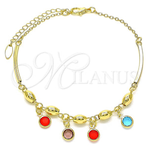 Tobillera de Dije 03.383.0019.10 Oro Laminado, con Multicolor Cristal, Pulido, Tono Dorado (02 MM Thickness, 10 Inches Length)