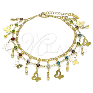 Tobillera de Dije 03.383.0020.10 Oro Laminado, Diseño de Mariposa y Gota, con Multicolor Cristal, Pulido, Tono Dorado (03 MM Thickness, 10 Inches Length)