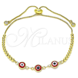Pulsera Bolo Ajustable 03.63.2216.11 Oro Laminado, Diseño de Ojo Griego y Bola, con Blanca Zirconia Cubica, Resinado Rojo, Tono Dorado (01 MM Thickness, 11 Inches Length)