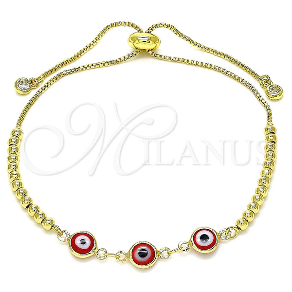 Pulsera Bolo Ajustable 03.63.2216.11 Oro Laminado, Diseño de Ojo Griego y Bola, con Blanca Zirconia Cubica, Resinado Rojo, Tono Dorado (01 MM Thickness, 11 Inches Length)
