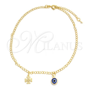 Tobillera de Dije 03.02.0056.10 Oro Laminado, Diseño de Ojo Griego y Trébol de Cuatro Hojas, Pulido, Tono Dorado (02 MM Thickness, 10 Inches Length)