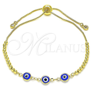 Pulsera Bolo Ajustable 03.63.2216.1.11 Oro Laminado, Diseño de Ojo Griego y Bola, con Blanca Zirconia Cubica, Resinado Azul, Tono Dorado (01 MM Thickness, 11 Inches Length)