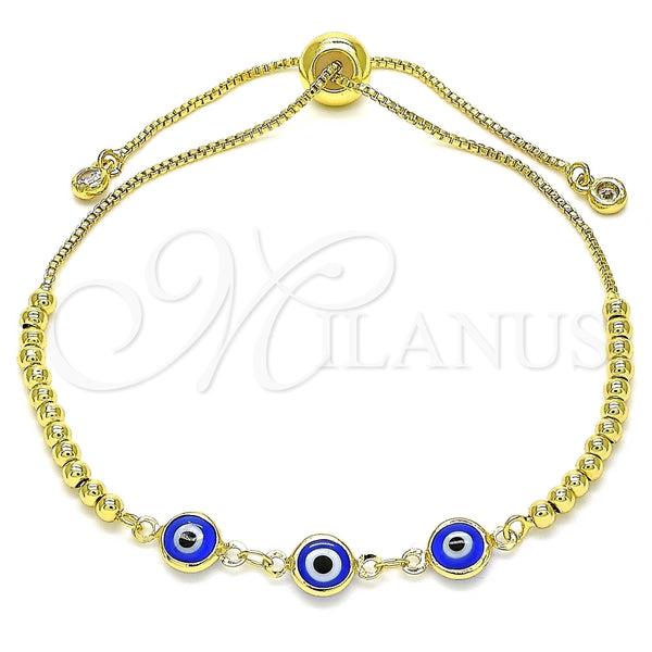Pulsera Bolo Ajustable 03.63.2216.1.11 Oro Laminado, Diseño de Ojo Griego y Bola, con Blanca Zirconia Cubica, Resinado Azul, Tono Dorado (01 MM Thickness, 11 Inches Length)