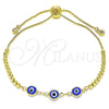 Pulsera Bolo Ajustable 03.63.2216.1.11 Oro Laminado, Diseño de Ojo Griego y Bola, con Blanca Zirconia Cubica, Resinado Azul, Tono Dorado (01 MM Thickness, 11 Inches Length)