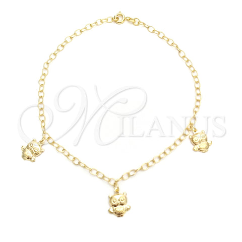 Tobillera de Dije 03.02.0058.10 Oro Laminado, Diseño de Búho y Figaro, Pulido, Tono Dorado (02 MM Thickness, 10 Inches Length)