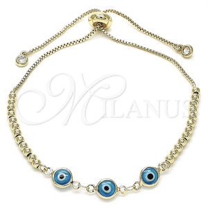 Pulsera Bolo Ajustable 03.63.2216.2.11 Oro Laminado, Diseño de Ojo Griego y Bola, con Blanca Zirconia Cubica, Resinado Turquesa, Tono Dorado (01 MM Thickness, 11 Inches Length)