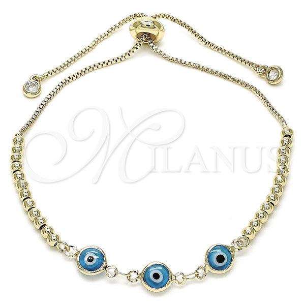 Pulsera Bolo Ajustable 03.63.2216.2.11 Oro Laminado, Diseño de Ojo Griego y Bola, con Blanca Zirconia Cubica, Resinado Turquesa, Tono Dorado (01 MM Thickness, 11 Inches Length)