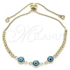 Pulsera Bolo Ajustable 03.63.2216.2.11 Oro Laminado, Diseño de Ojo Griego y Bola, con Blanca Zirconia Cubica, Resinado Turquesa, Tono Dorado (01 MM Thickness, 11 Inches Length)