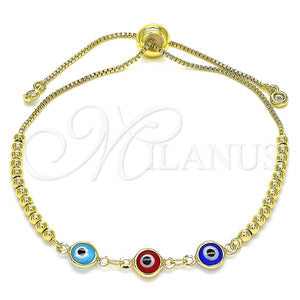 Pulsera Bolo Ajustable 03.63.2216.3.11 Oro Laminado, Diseño de Ojo Griego y Bola, con Blanca Zirconia Cubica, Resinado Multicolor, Tono Dorado (01 MM Thickness, 11 Inches Length)