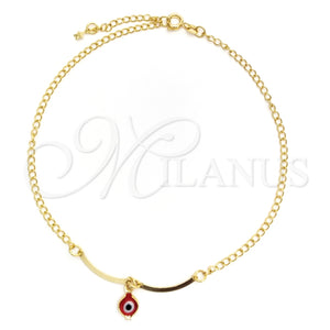 Tobillera de Dije 03.02.0069.10 Oro Laminado, Diseño de Ojo Griego y Cubana, Pulido, Tono Dorado (02 MM Thickness, 10 Inches Length)