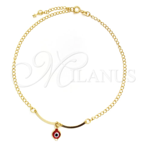 Tobillera de Dije 03.02.0069.10 Oro Laminado, Diseño de Ojo Griego y Cubana, Pulido, Tono Dorado (02 MM Thickness, 10 Inches Length)