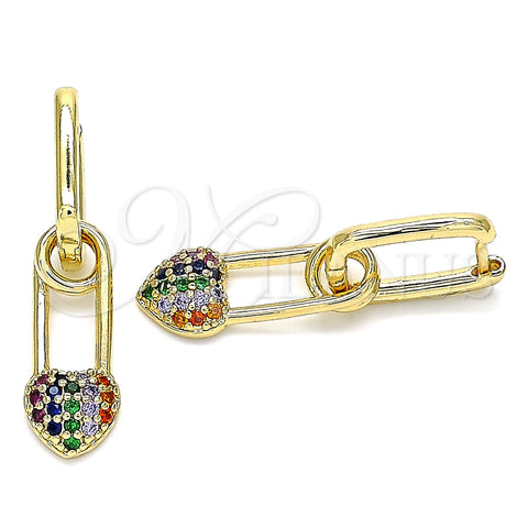 Argolla Huggie 02.210.0488.3.12 Oro Laminado, Diseño de Paperclip y Corazón, con Multicolor Zirconia Cubica, Pulido, Tono Dorado