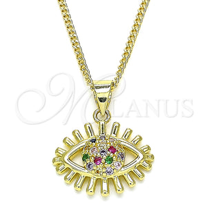 Collares con Dije 04.156.0390.1.20 Oro Laminado, Diseño de Ojo Griego, con Multicolor Micro Pave, Pulido, Tono Dorado (02 MM Thickness, 20 Inches Length)