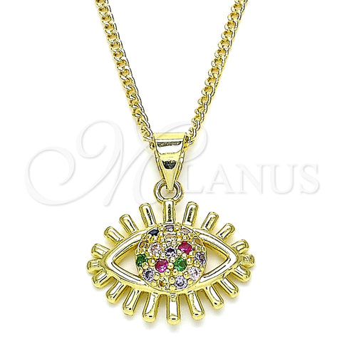 Collares con Dije 04.156.0390.1.20 Oro Laminado, Diseño de Ojo Griego, con Multicolor Micro Pave, Pulido, Tono Dorado (02 MM Thickness, 20 Inches Length)