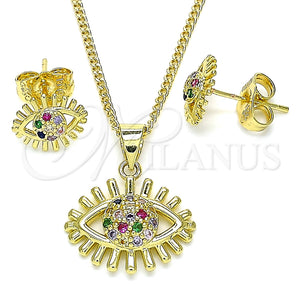 Juego de Arete y Dije de Adulto 10.156.0336.1 Oro Laminado, Diseño de Ojo Griego, con Multicolor Micro Pave, Pulido, Tono Dorado