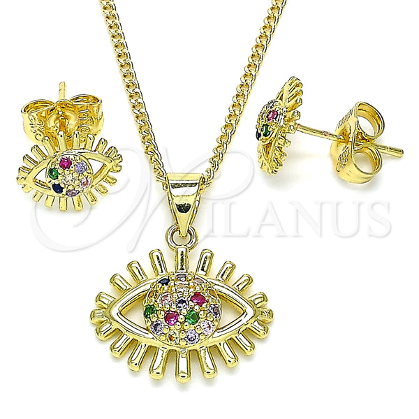 Juego de Arete y Dije de Adulto 10.156.0336.1 Oro Laminado, Diseño de Ojo Griego, con Multicolor Micro Pave, Pulido, Tono Dorado