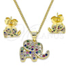 Juego de Arete y Dije de Adulto 10.156.0339.1 Oro Laminado, Diseño de Elefante, con Multicolor Micro Pave, Pulido, Tono Dorado
