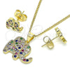 Juego de Arete y Dije de Adulto 10.156.0339.1 Oro Laminado, Diseño de Elefante, con Multicolor Micro Pave, Pulido, Tono Dorado