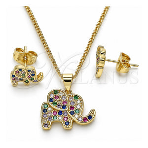Juego de Arete y Dije de Adulto 10.156.0339.1 Oro Laminado, Diseño de Elefante, con Multicolor Micro Pave, Pulido, Tono Dorado