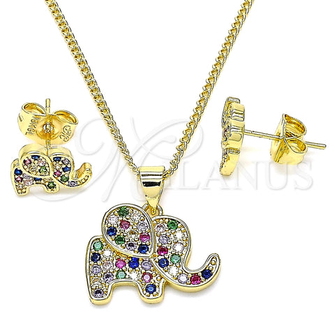 Juego de Arete y Dije de Adulto 10.156.0339.1 Oro Laminado, Diseño de Elefante, con Multicolor Micro Pave, Pulido, Tono Dorado