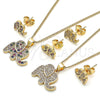 Juego de Arete y Dije de Adulto 10.156.0339.1 Oro Laminado, Diseño de Elefante, con Multicolor Micro Pave, Pulido, Tono Dorado
