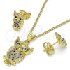 Juego de Arete y Dije de Adulto 10.156.0340.1 Oro Laminado, Diseño de Búho, con Multicolor Micro Pave, Pulido, Tono Dorado