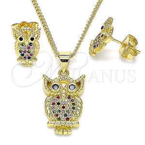 Juego de Arete y Dije de Adulto 10.156.0340.1 Oro Laminado, Diseño de Búho, con Multicolor Micro Pave, Pulido, Tono Dorado