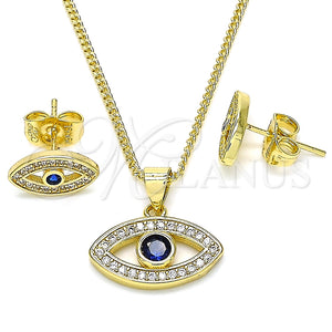 Juego de Arete y Dije de Adulto 10.156.0342 Oro Laminado, Diseño de Ojo Griego, con Blanca Micro Pave and Zafiro Azul Zirconia Cubica, Pulido, Tono Dorado